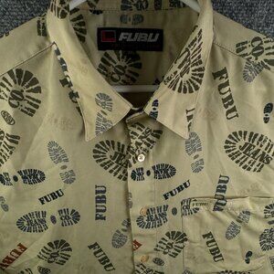 VTG FUBU The Collection Long Sleeve 2XL Graphic Button Up Shirt Y2K Footprint
